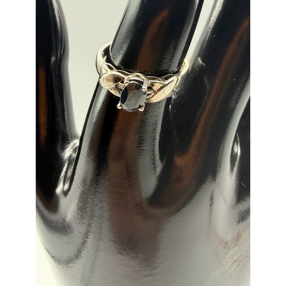 925 Sterling Silver Oval Dark Blue Black Gemstone Bypass Ring Size 8.5
